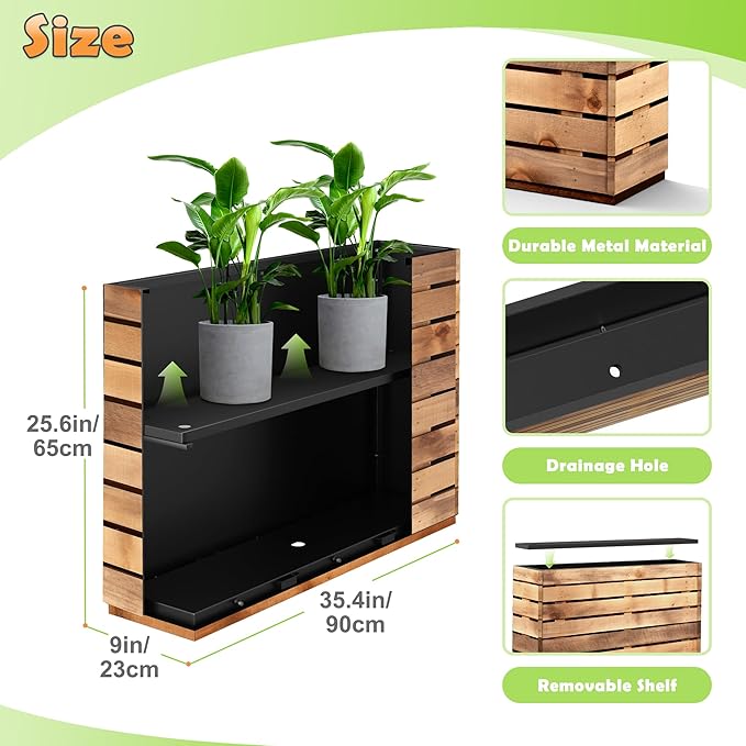 Metal Planter Box Rectangular Planter Box with Drainage Hole, Outdoor Large Planters, All-Weather Use, Rust-Resistance, for Flowers Plants, 35.4" L × 9.1" W × 25.6" H, Dark Walnut