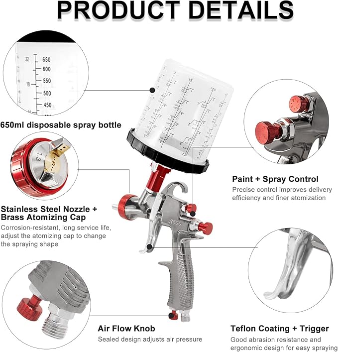 R500 LVLP Air Spray Gun with 10pcs 650ml Disposable Cups 1.3/1.5/1.7/2.0mm Nozzles, Automotive Paint Guns R500 Paint Gun Sprayer for House Painting, Car, Furniture