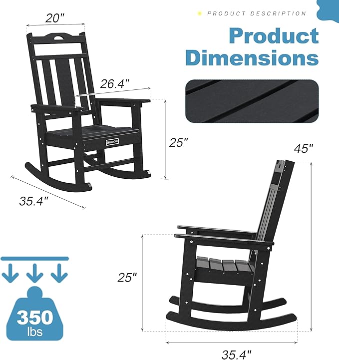 nalone Outdoor Rocking Chair, HDPE All Weather Resistant Rocking Chair for Porch, Oversized Patio Rocker Chair for Adult, Outdoor Rockers for Garden Lawn