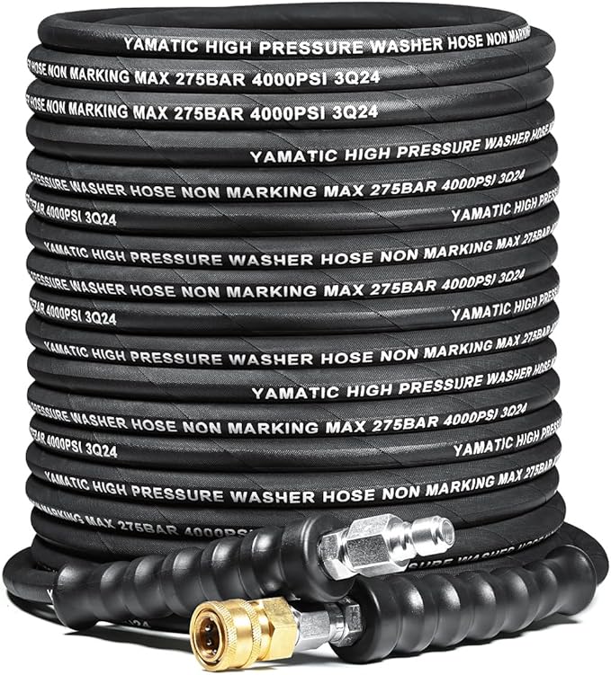 YAMATIC 5/16" Flexible Pressure Washer Hose 100FT, Kink Resistant Swivel 3/8" Quick Connector, 4000 PSI High Durability Cold Hot Water Max. 212°F, Fit Most Residential and Commercial Pressure Washer