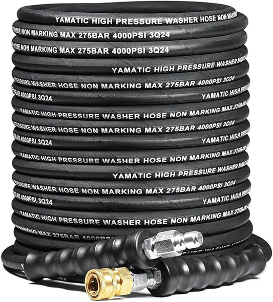 YAMATIC 5/16" Flexible Pressure Washer Hose 100FT, Kink Resistant Swivel 3/8" Quick Connector, 4000 PSI High Durability Cold Hot Water Max. 212°F, Fit Most Residential and Commercial Pressure Washer