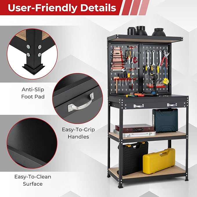 Goplus Workbench, Work Table with Drawer, Pegboard, Hanging Accessories, Topping Space, 4-Tier Heavy Duty Metal Tool Storage Bench, Work Benches for Garage, Workshop (Red, 32" x 16" with Drawer)