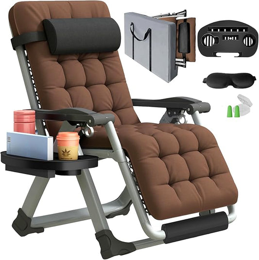 XL Zero Gravity Lounge Chair 29", Oversized Padded Folding Recliner for Patio with Storage Bag, Removable Cushion, Footrest, Full Aluminum Lock & Large Cup Holder, Supports 450 lbs, Brown