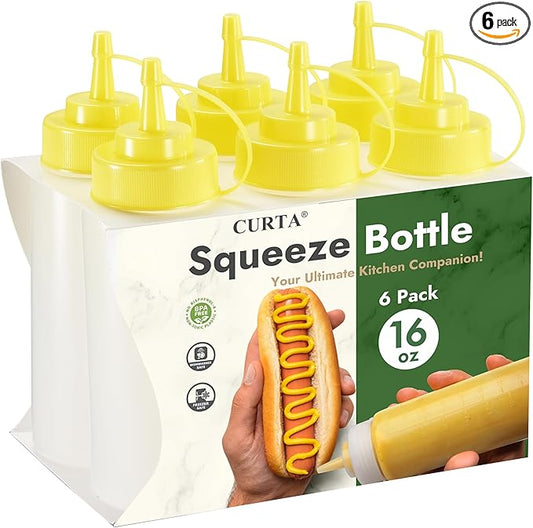 CURTA 6-Pack 16 oz Clear Squeeze Bottle with Cap, BPA-Free Easy-to-Squeeze Plastic Condiment Dispenser with oz & ml Markings for Sauce, Oil, Dressing, Dishwasher Safe, Yellow