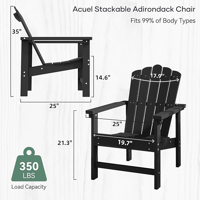 Stackable HDPE Adirondack Chairs Set of 2 – Durable, Weather-Resistant Outdoor Patio Seating, Low Maintenance Poly Lumber Chairs for Porch, Deck, Garden, Fire Pit (Black)
