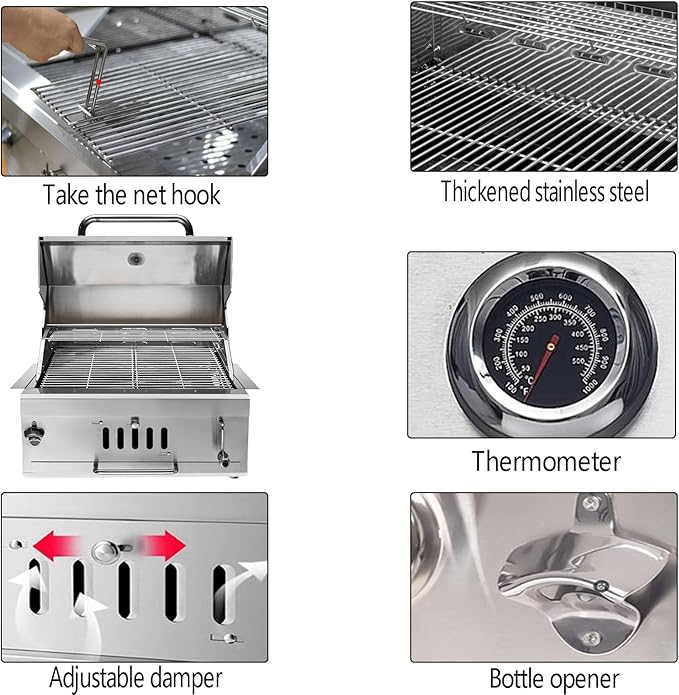 28In Built in BBQ Grills, Large Outside Charcoal Grill with BBQ Fork Kit Liftable Tray & Thermometer, Silver Stainless Steel Barbecue Grill for Outdoor Kitchen Cooking Patio Camping Park Style