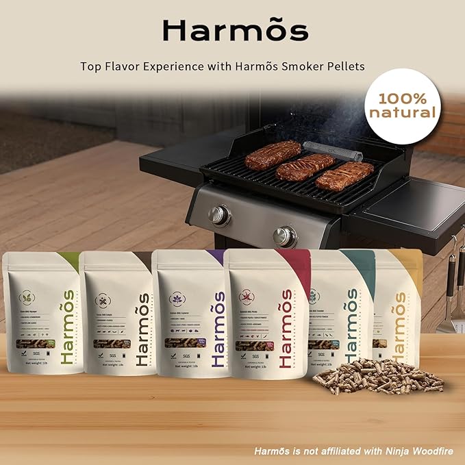 Harmos 4-Wood Pellets Variety Pack, 6 Flavors - All-Natural BBQ Pellets for Ninja Woodfire Grill & Outdoor Cooking, Resealable Bags, 6 Packs