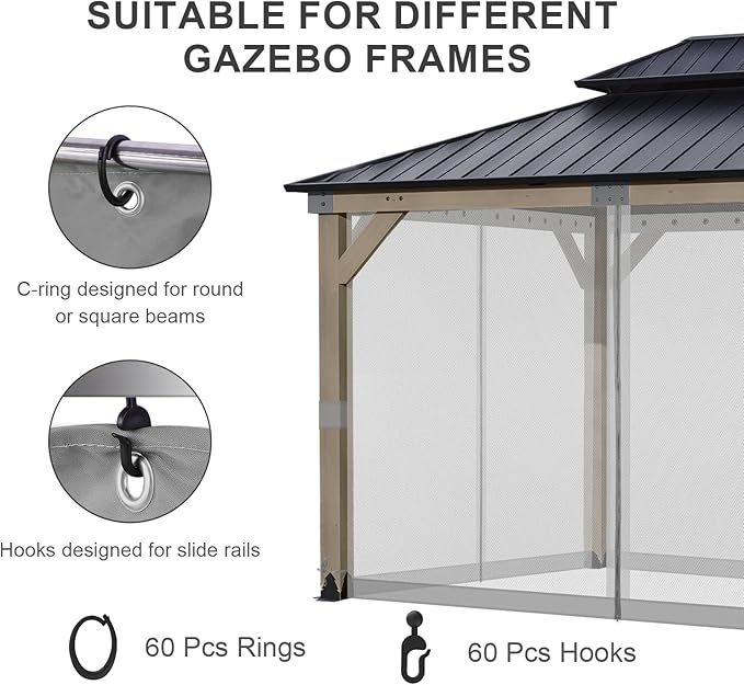 BPS 10' x 12' Gazebo Universal Mosquito Netting Screen Replacement, 4-Panel Screen Walls with Double Zippers for Outdoor Patio, Gray (Mosquito Net Only)