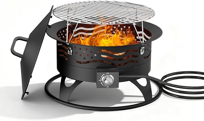 20 Inch Propane Fire Pit, Portable Gas Fire Pit Bowl for Outside, 60,000 BTU Smokeless Outdoor Firepit with Lid & Grill Grate for Patio, Yard, Gardenn, Camping