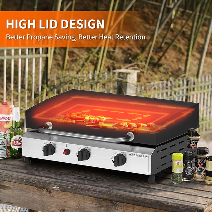 SKOK 3 Burner Gas Griddle with Hood- 23.3 Inch Outdoor Propane Griddle-45000 BTU Propane Fuelled, Portable Flat Top Gas Grill Camping Griddle with Lid