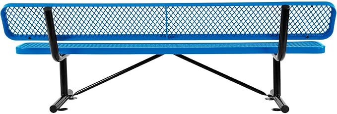Global Industrial 8'L Heavy Duty Expanded Metal Mesh Bench with Backrest with Steel Frame, Portable Outdoor Bench, 1000 lbs Capacity, Blue, 96" L x 24" W x 33" H