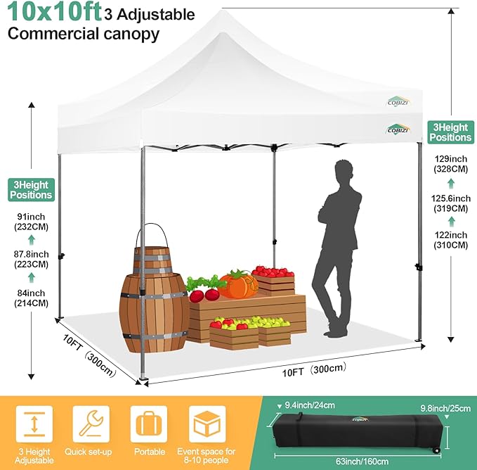 COBIZI 10x10 Pop Up Canopy with Sidewalls Heavy Duty Party Tent with Removable Awning Easy Up Outdoor Canopy Wedding, All Season Windproof&Waterproof with Roller Bag UPF 50+, White