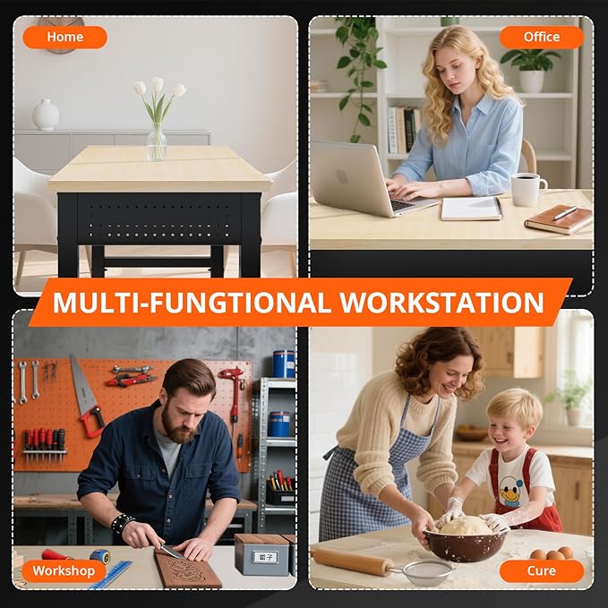 48" Heavy Duty Workbench with Power Outlets, Pegboard & Storage Drawers, 2000 LBS Capacity Rolling Work Table with Wheels, Hooks & Rack for Garage, Workshop, Office, Home