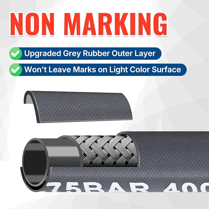 YAMATIC Pressure Washer Hose 50 FT, 3/8" Non-Marking Hot Water Use, 4000 PSI Steel Wire Braided Rubber Jacket – Replacement Power Washer Hose for Commercial Use