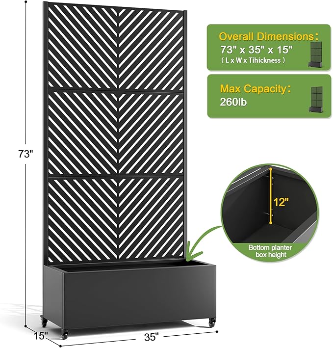 FENCY Metal Raised Garden Bed with Wheels and Trellis,73"x35"x16" Planter Box for Climbing Plants, Vegetables & Vines, Features Privacy Screen and Drainage Holes (Black-Arrow)
