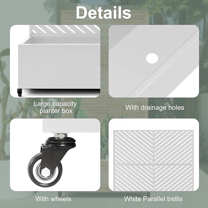 Large Metal Raised Garden Beds with Privacy Screen, Standing Planter Box with Trellis & Wheels for Outdoor Climbing Plants, Garden Boxes with Drainage Holes for Patio (47"L, White Parallel)