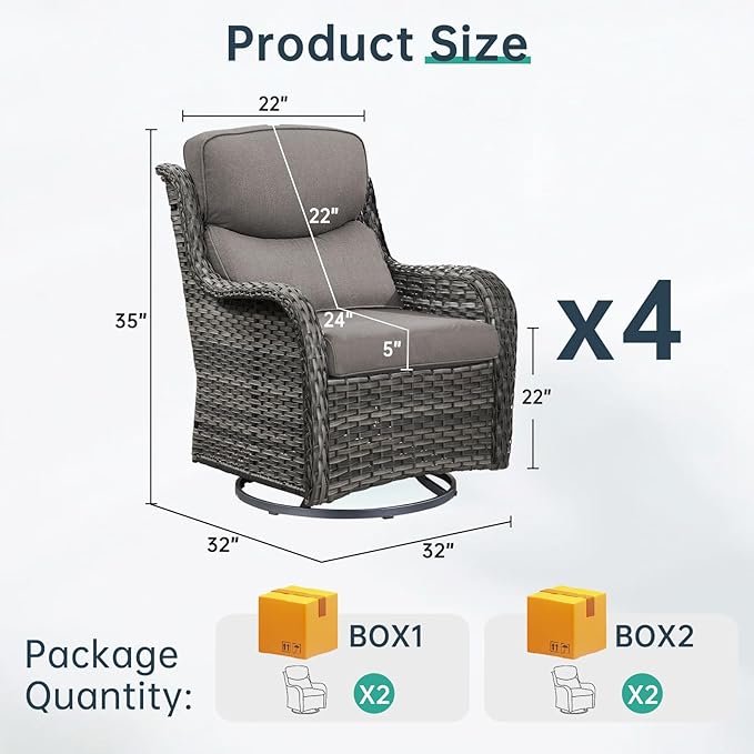Outdoor Swivel Rocker Patio Chairs Set of 4-5" Thick Cushion 4 Piece Furniture Set All Weather Comfortable Wicker Conversation Set for Porch Poolside and Deck - Gray/Gray
