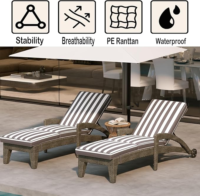 Patio Chaise Lounger Set of 2, Outdoor Lounger Patio Chairs, Heavy Duty Lounge Chairs Outdoor, Chaise Lounges for Resort, Backyard, Deck, Poolside, Garden, Grey Stripe