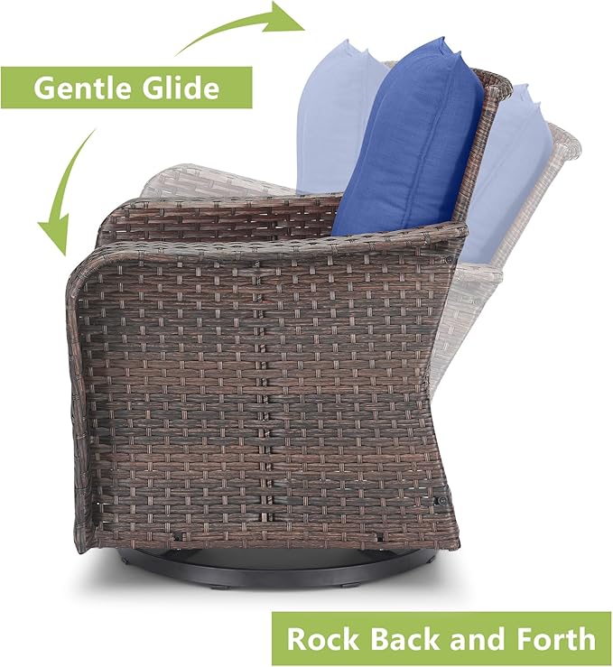 Rilyson Outdoor Patio Swivel Rocker Chairs - 2 PC Wicker Rattan Patio Rocker Glider Chair Set with High Back,Comfy Cushions and Deep Seating for Porch Deck Backyard Garden(Brown/Blue)