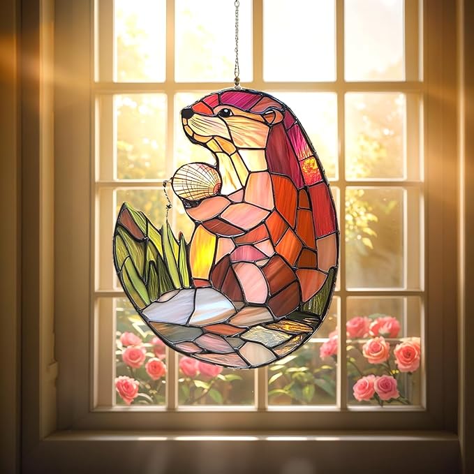 Otter Lovers Christmas Ornament Wildlife Suncatcher Design Window Hanging Acrylic Stained Glass Effect Art Boho Garden Decor Unique Gift for Mom Thanksgiving