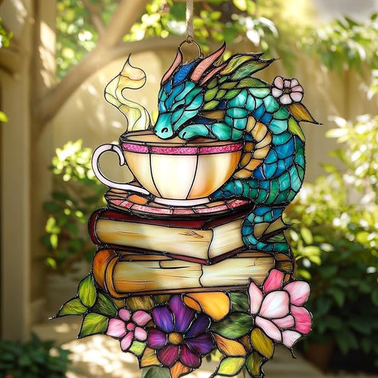 Book Dragon Christmas Ornament Floral Teacup Bookish Acrylic Suncatcher Stained Glass Effect Window Hanging for Book Lover Fantasy Reading Nook Decor Gift for Librarian Readers