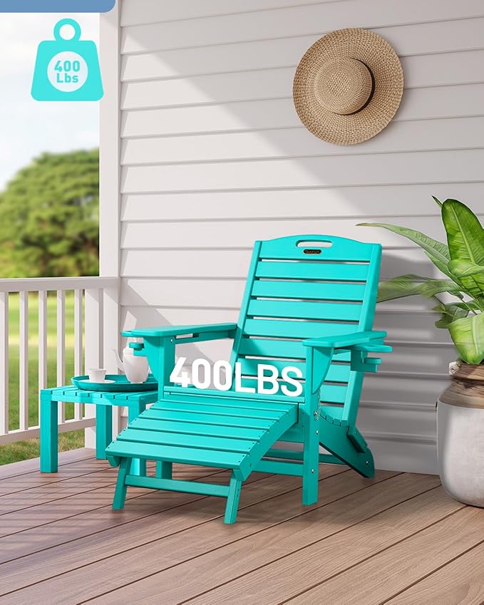 Folding Adirondack Chairs Set of 6,Adirondack Chair with Retractable Ottoman,Plastic Adirondack Chairs with 2 Cup Holder,Weather Resistant Patio Chair,Outdoor Chairs Set of 6(Lake Blue)
