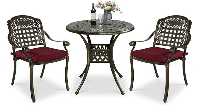VIVIJASON 3-Piece Outdoor Patio Bistro Set, All-Weather Cast Aluminum Furniture Dining Sets Include 2 Cushioned Chairs and 31" Round Table w/Umbrella Hole for Balcony, Garden, Backyard, Red Cushion