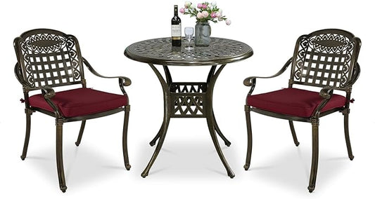 VIVIJASON 3-Piece Outdoor Patio Bistro Set, All-Weather Cast Aluminum Furniture Dining Sets Include 2 Cushioned Chairs and 31" Round Table w/Umbrella Hole for Balcony, Garden, Backyard, Red Cushion