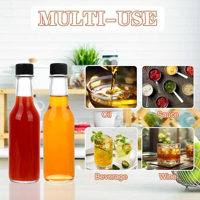 5 oz Hot Sauce Bottles, 35 Pack Clear Glass Woozy Bottles with Leak Proof Black Screw Caps, Empty Bottles for Sauces, Vanilla Extract, Wine, Beverage