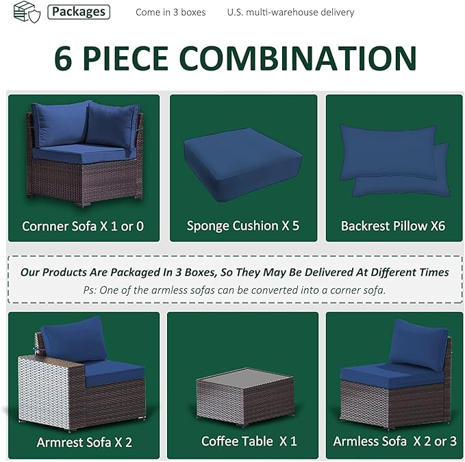 Outdoor Patio Furniture Set, 6 Pieces Outdoor Furniture All Weather Patio Sectional Sofa PE Wicker Modular Conversation Sets with Coffee Table,5 Chairs & Seat Clips Dark Blue