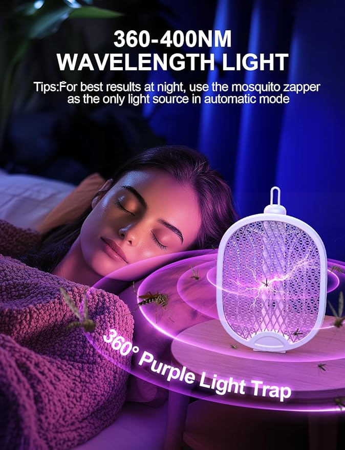 Electric Fly Swatter 4000V Bug Zapper Racket Foldable with Blue Light Dual Mode 1800mAh Rechargeable Battery 5-Layer Safety Mesh for Indoor & Outdoor