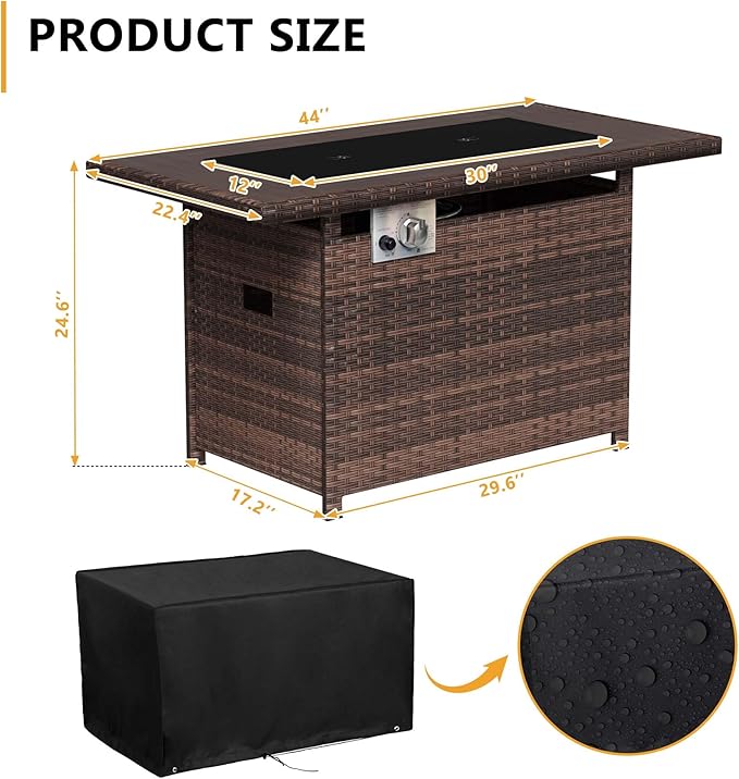 Aoxun 44" Propane Fire Pit 50,000 BTU Outdoor Wicker Fire Table with Wood-grainTabletop Patio Rectangular 2-in-1 Gas Fire Pit Table with Firepit Lid and Waterproof Cover