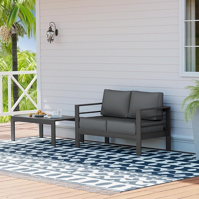 UDPATIO Outdoor Loveseat Aluminum Outdoor Furniture Sofa, Patio Seating Loveseat with 5" Thick Cushion and Waterproof Cover