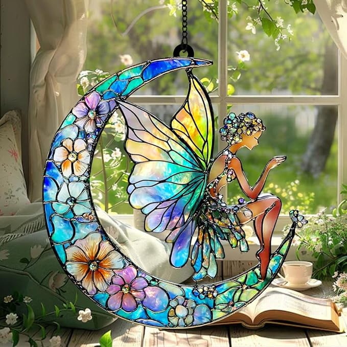 Fairy Christmas Ornament Mythical Creatures Suncatcher Cottagecore Window Hanging Acrylic Stained Glass Effect Art Garden Decor Unique Whimsical Celestial Gift for Mom Thanksgiving