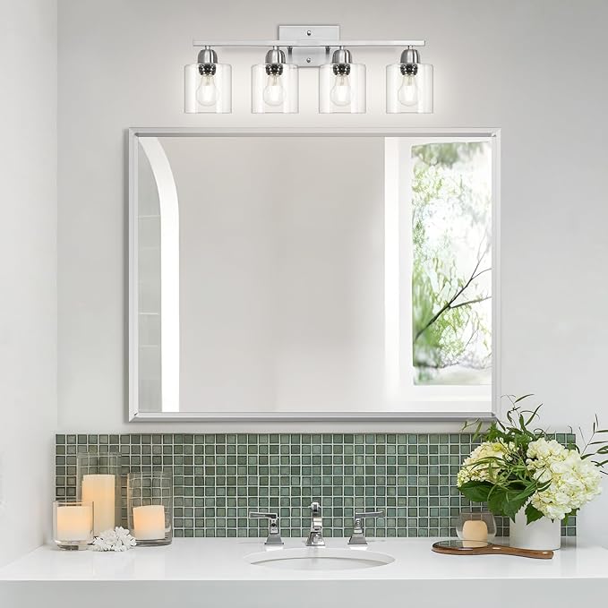 Modern Brushed Nickel 4 Light Bathroom Light Fixtures, 24 inch Vanity Lights for Bathroom with Clear Glass, Vanity Light for Mirror Kitchen Living Room Hallway Cabinet Porch