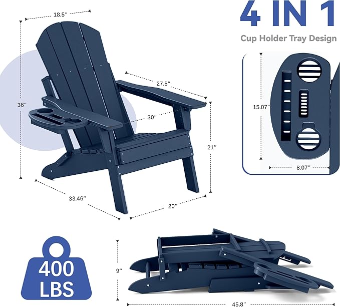 FOOWIN Folding Adjustable Adirondack Chair Set of 8,HDPE Adirondack Chair w/4 in 1 Cup Holder Trays,All-Weather Resistant Fire Pit Chair, Outdoor Chair for Patio Lawn Poolside,400lbs,Navy Blue