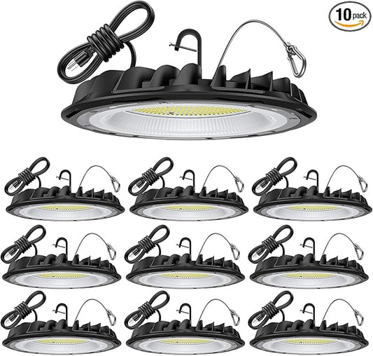 hunhun 10 Pack ETL 155W UFO LED High Bay Light, 22500lm, Daylight 5000K, US Plug,110-277V, IP65 Waterproof Commercial LED Shop Lights for Workshop Factory Barn Warehouse, Garage ETL Listed