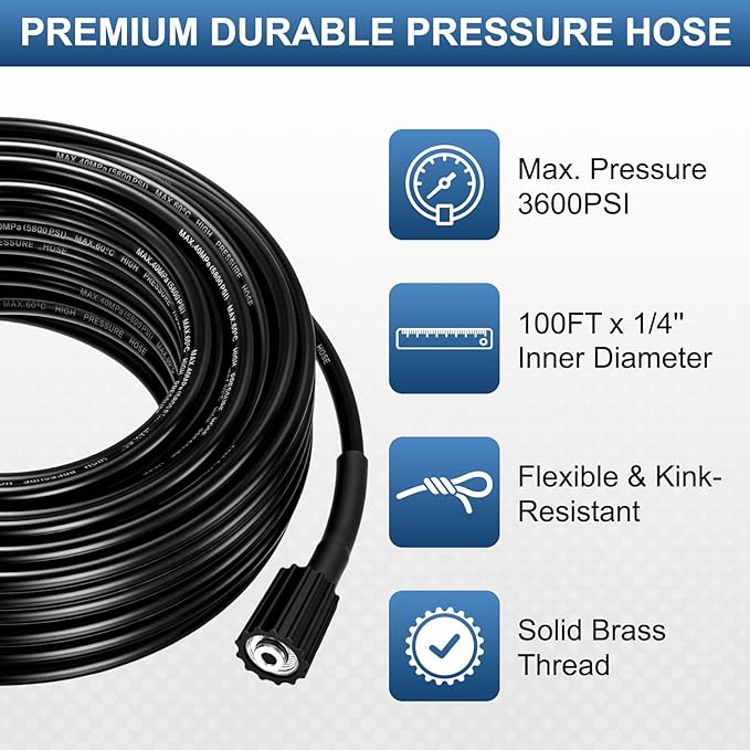 Pressure Washer Hose 98.4 Ft, 1/4" ID M22-14mm Brass Fitting, 3600 PSI Kink-Resistant Universal Electric Power Wash Hose for Replacement