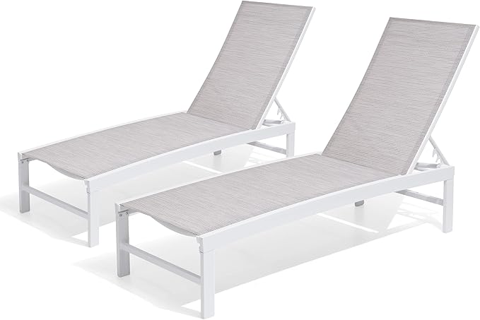 Chaise Lounge Chair, Set of 2 Outdoor Recliner Lounge Chair Sun Loungers, All Weather Chaise with 5 Adjustable Backrest and Lay Flat Positions for Garden, Balcony, Pool, White and Beige