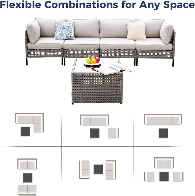 3-Piece Outdoor Modular Patio Set with 2 Armless Rattan Chairs and Glass Table, Gray PE Wicker Sectional Seating with Cushions for Balcony, Garden, Deck, Porch