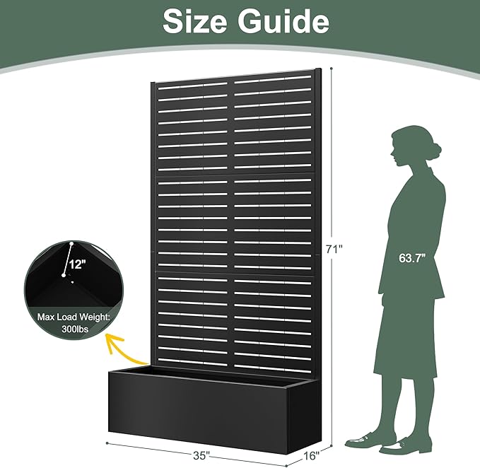 Metal Planter Box with Trellis for Climbing Plants Outdoor, Raised Garden Bed with Trellis, Privacy Screen for Patio (35" L×16" W×71" H, Black Blinds)