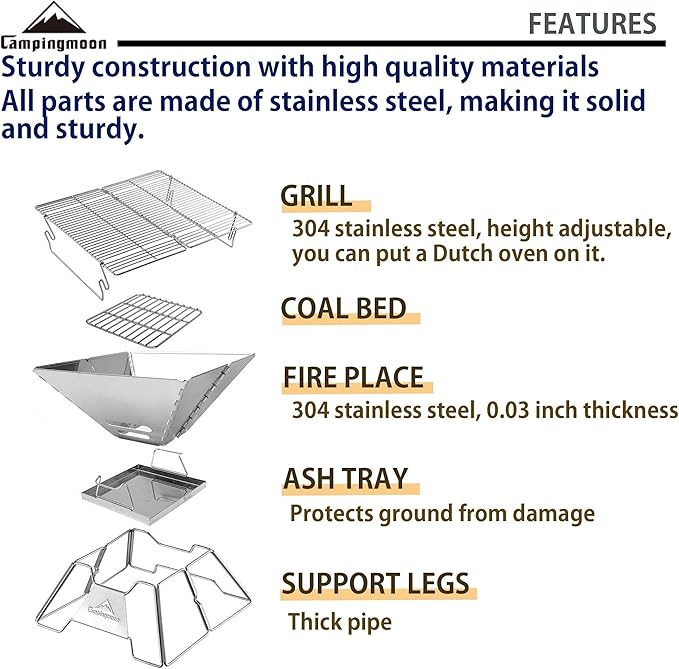 CAMPINGMOON Stainless Steel Foldable Camping Grills Portable Wood Burning Charcoal Grill 14-inch with Carrying Bag MT-2