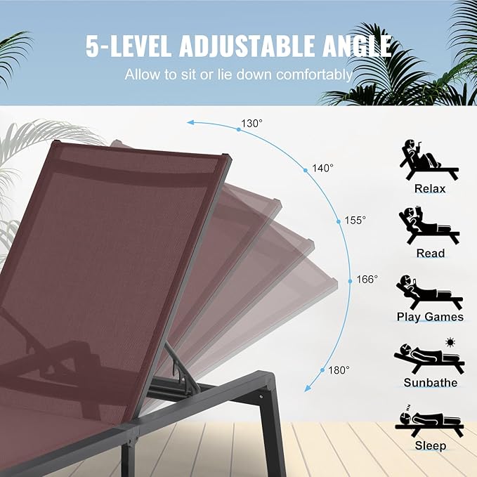VEVOR Chaise Lounge Chair Outdoor, Aluminum Patio Lounge Chairs with Adjustable 5-Position, Folding Pool Chairs Recliner and Full Flat Tanning Chair for Patio, Beach, Pool, Brown