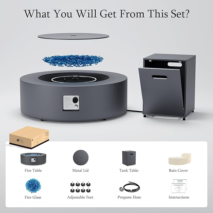 UPHA 42-inch Outdoor Propane Gas Fire Pit Table 50000 BTU Iron Round Firepit for Outside Patio with Tank Hidden Table, Removable Lid, Blue Glass Rocks, Rain Cover, Grey