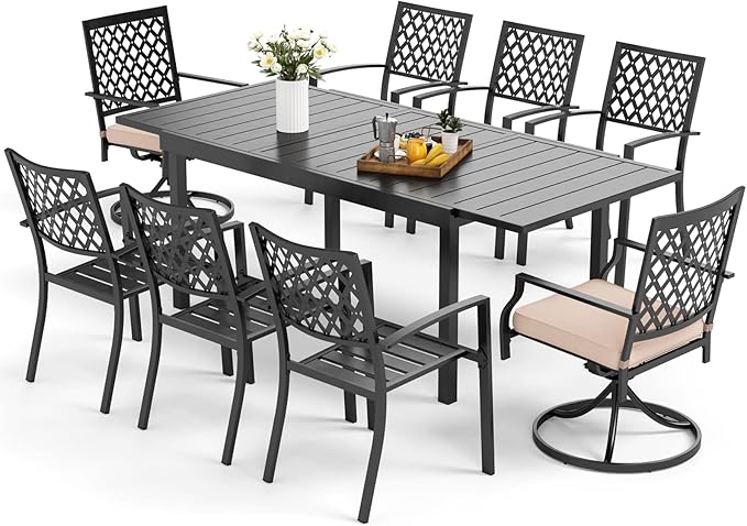 MFSTUDIO Patio Table and Chairs Set, Outdoor Dining Set for 8 with Expandable Table, 9 Piece Metal Patio Dining Sets, Outdoor Patio Furniture Set for Deck Backyard Poolside Garden
