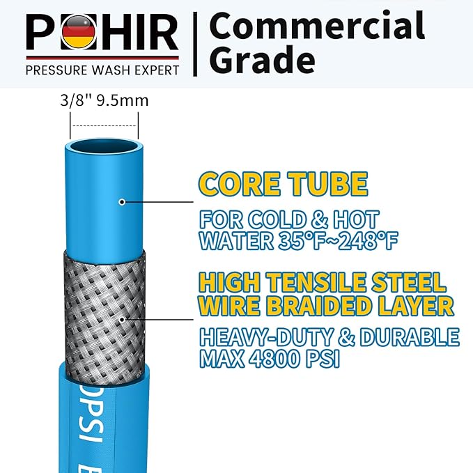 POHIR Power Washer Whip Hose 3ft Pressure Washer Jumper Hose With 4800PSI Steel Whip Line 3/8" Quick Connector