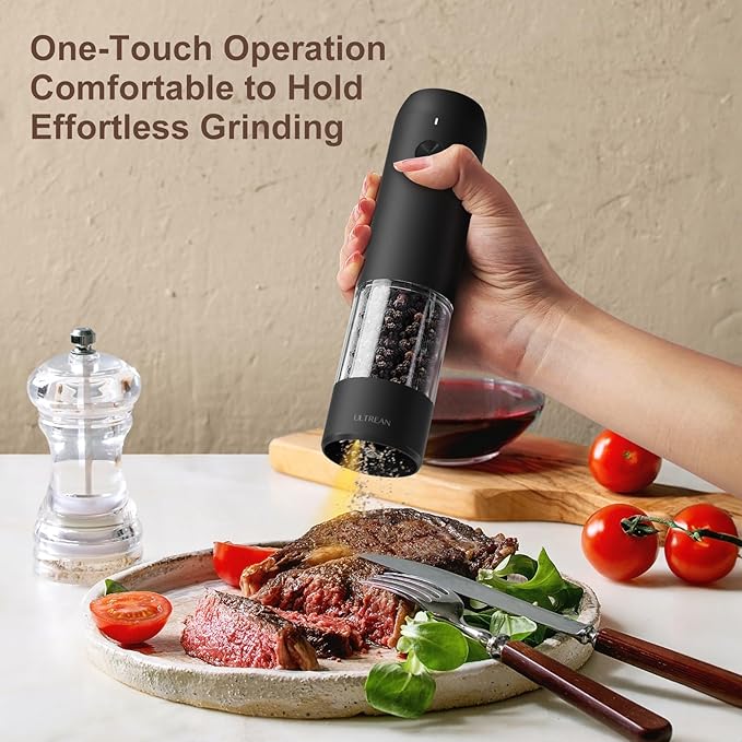 Ultrean Pepper Grinder, Rechargeable Salt and Pepper Grinder with 6 Adjustable Coarseness, LED Light, Automatic Grinder for Kitchen, Christmas Gifts for Women, Black