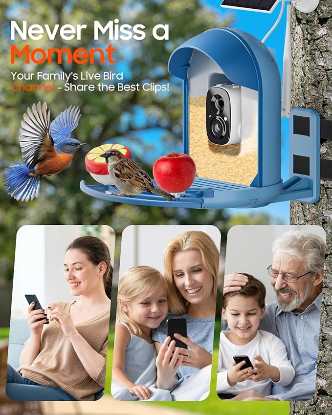 Bird Feeder with Camera, Smart Birdfeeder with Cam Solar Powered, 2K HD Video, AI Identification, Instant Arrival Alerts, IP66 Bird Bath & Feeder,Gift for BirdLover (with Stand, Blue)