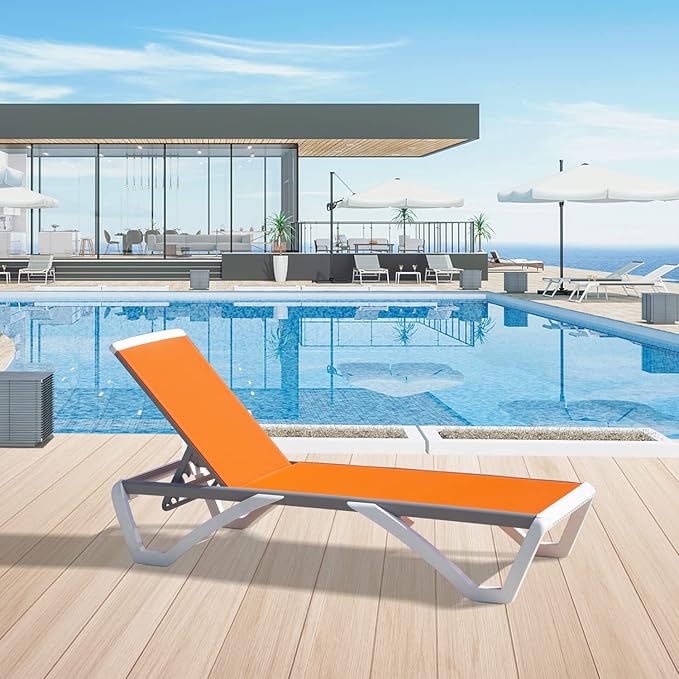 Domi Pool Lounge Chair Aluminum Adjustable Outdoor Chaise Lounge,All Weather Plastic Poolside Lounge Chair for Deck Lawn Backyard, Orange Textilene