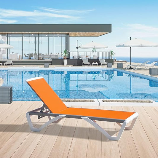 Domi Pool Lounge Chair Aluminum Adjustable Outdoor Chaise Lounge,All Weather Plastic Poolside Lounge Chair for Deck Lawn Backyard, Orange Textilene